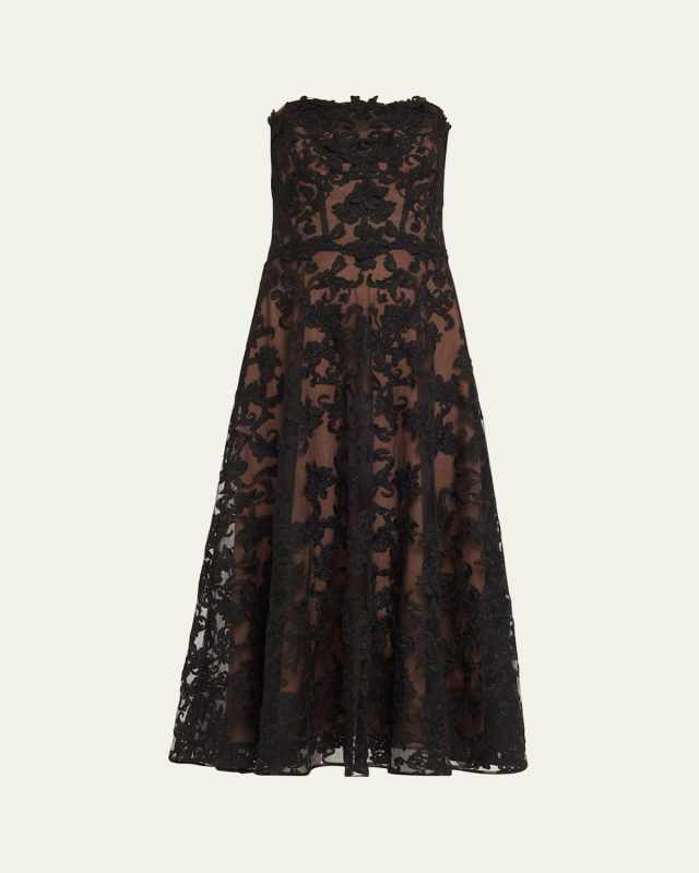 Strapless A-Line Lace Midi Dress